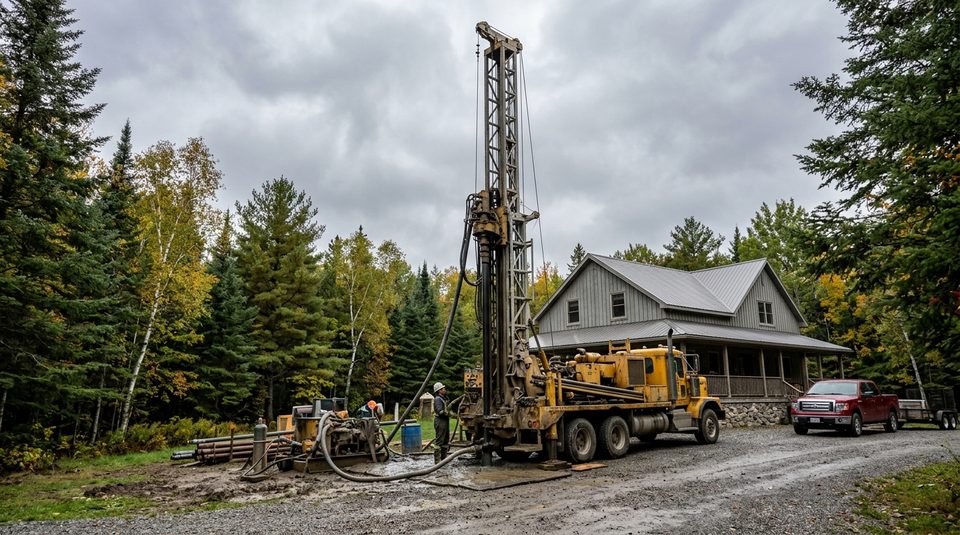 Water well drilling rig truck operating on a rural property near Deep River, Ontario